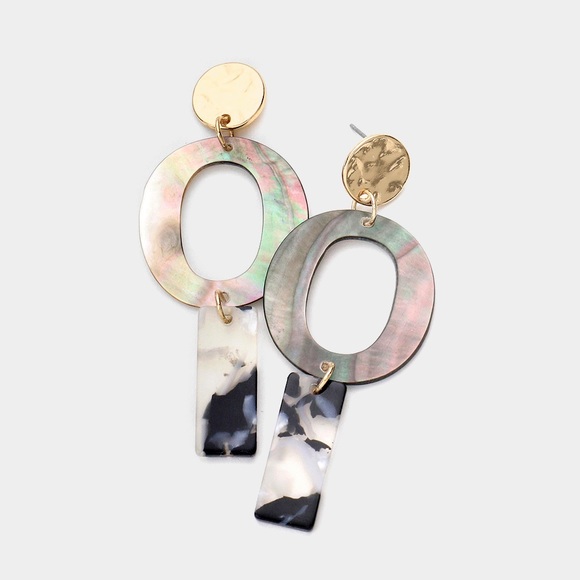 Geometric abalone acetate link dangle earrings - Picture 1 of 3